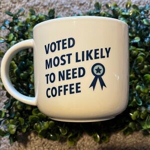 White Coffee Mug with Blue Text